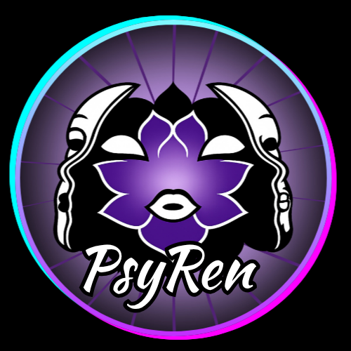 Graphic style lotus bursting our of a mask. The lotus has a simple face with white eyes and lips. One half of the mask is feminine and one half masculine.