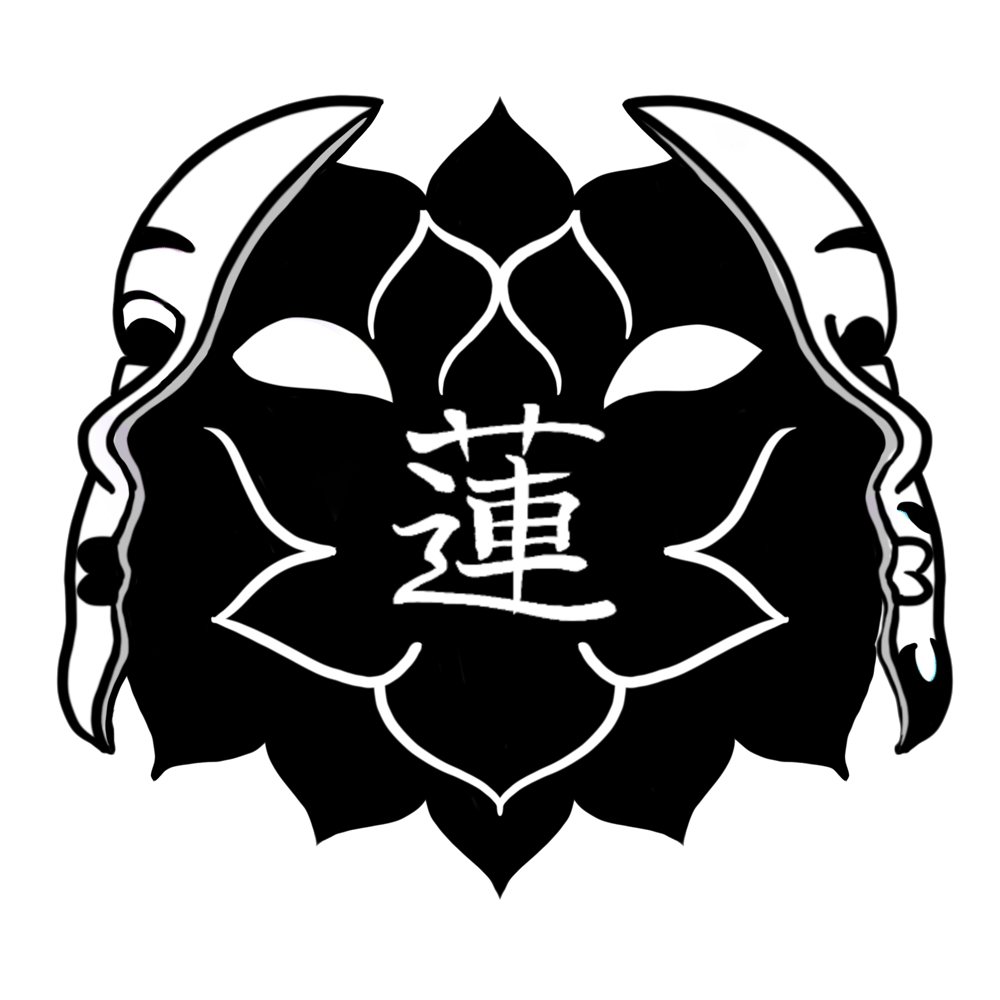 A mask split down the middle reveals a lotus flower and the chinese character for "Ren". A mask split down the middle reveals a lotus flower and the chinese character for "Ren".